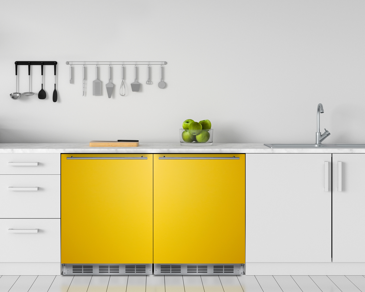 24 in. wide ADA height refrigerator-freezer for residential use with a saffron gold door, stainless steel handle, and black cabinet
